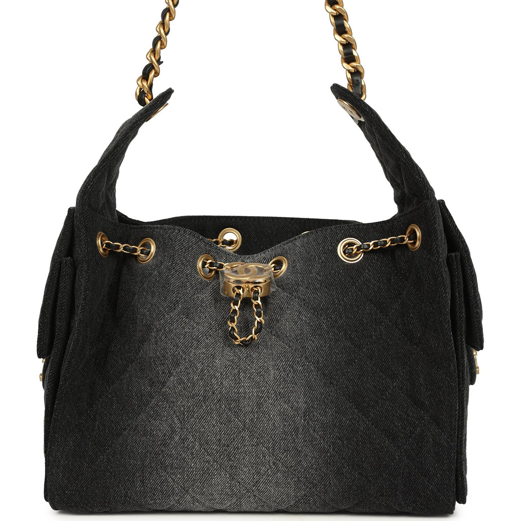 Small 25 Hobo Bag Black Washed Denim Antique Gold Hardware