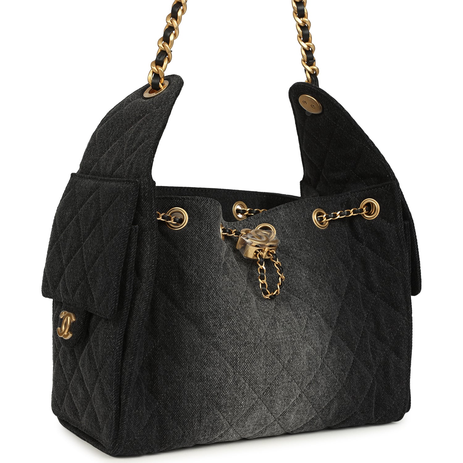 Small 25 Hobo Bag Black Washed Denim Antique Gold Hardware