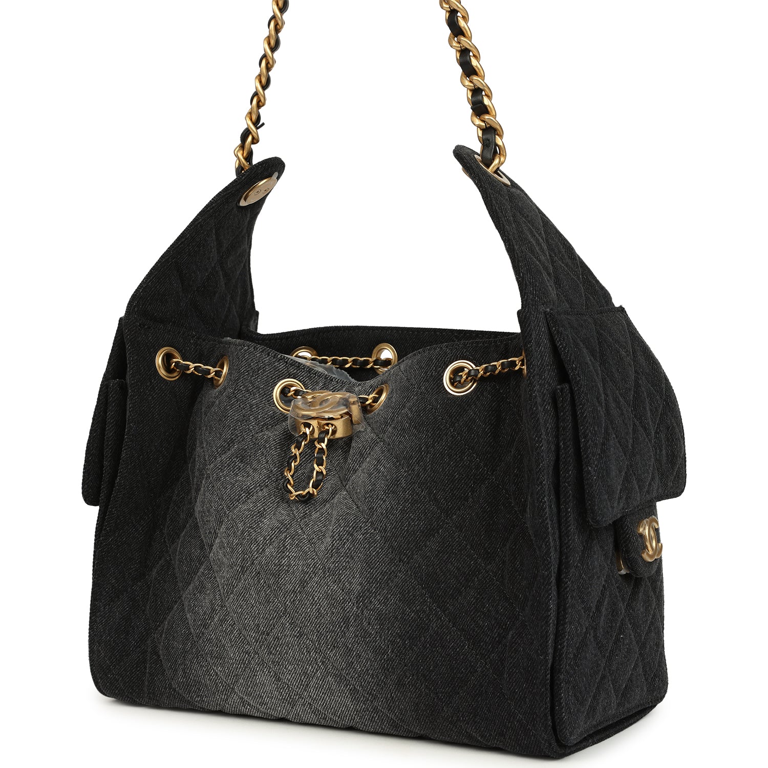 Small 25 Hobo Bag Black Washed Denim Antique Gold Hardware