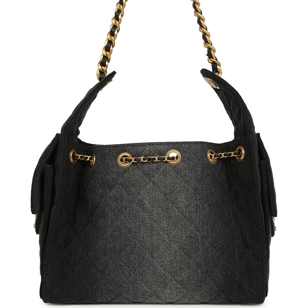 Small 25 Hobo Bag Black Washed Denim Antique Gold Hardware