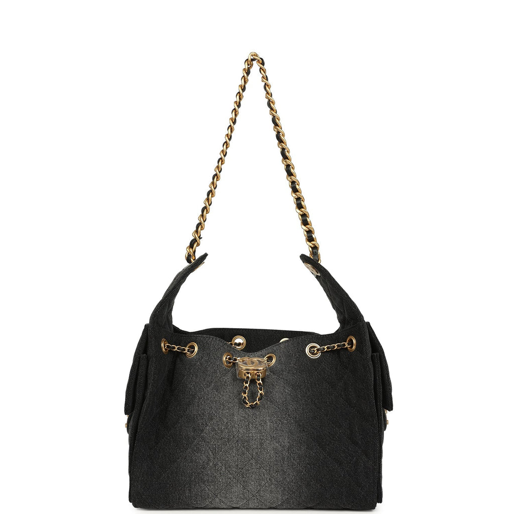 Small 25 Hobo Bag Black Washed Denim Antique Gold Hardware