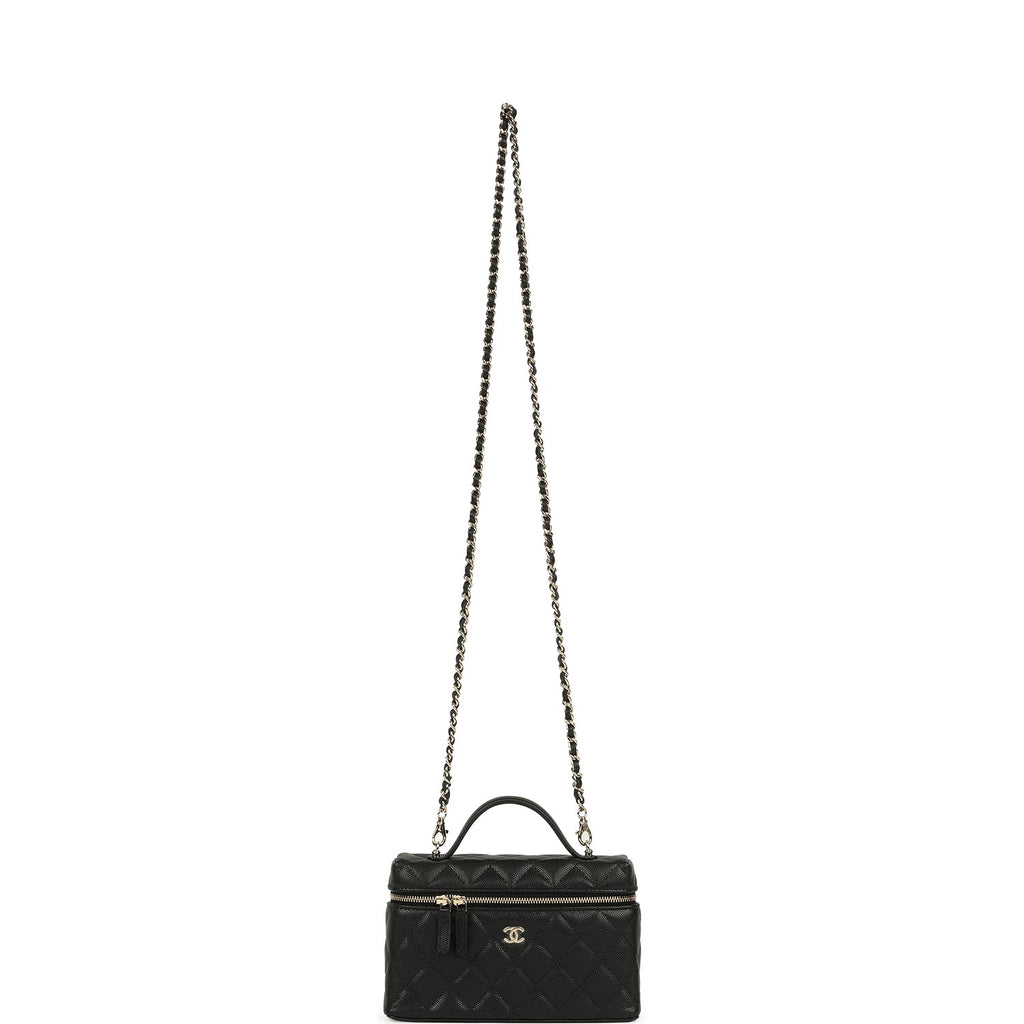 Top Handle Long Vanity Case with Chain Black Caviar Light Gold Hardware
