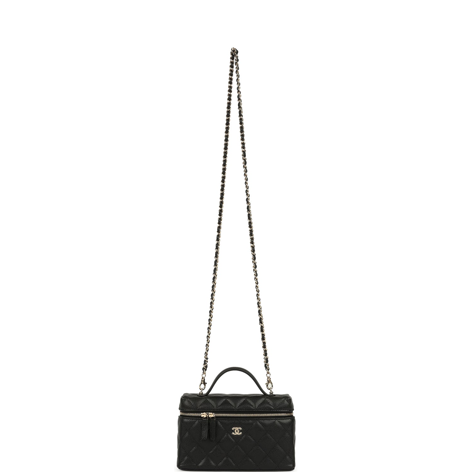 Top Handle Long Vanity Case with Chain Black Caviar Light Gold Hardware