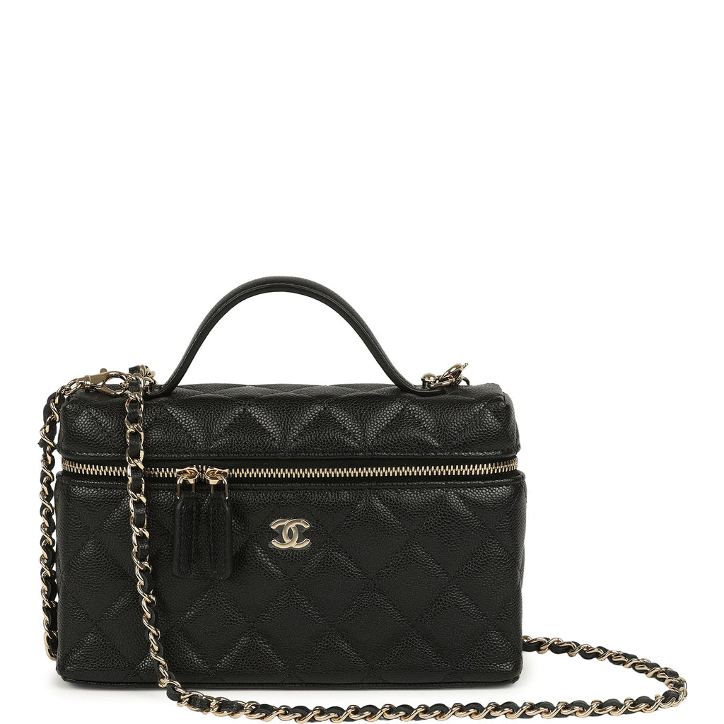 Top Handle Long Vanity Case with Chain Black Caviar Light Gold Hardware