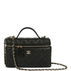 Top Handle Long Vanity Case with Chain Black Caviar Light Gold Hardware