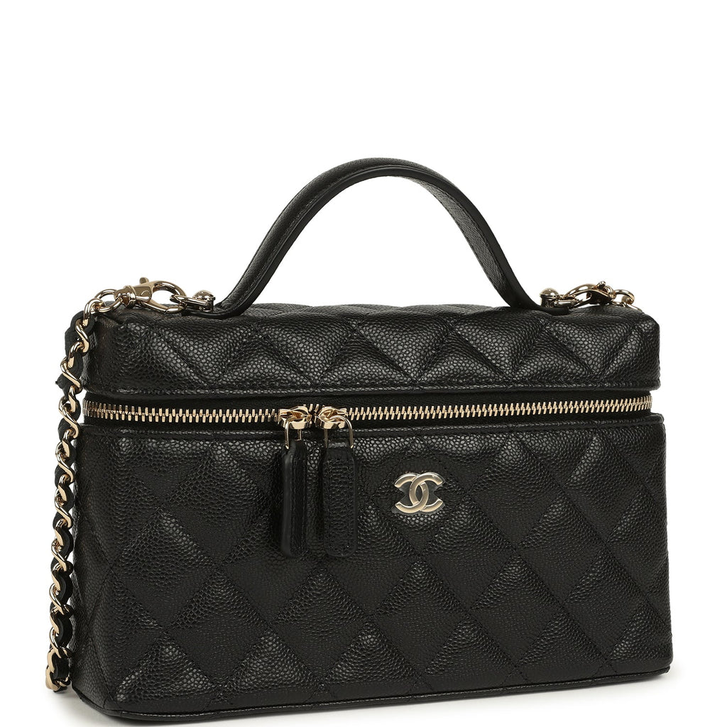 Top Handle Long Vanity Case with Chain Black Caviar Light Gold Hardware
