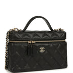 Top Handle Long Vanity Case with Chain Black Caviar Light Gold Hardware