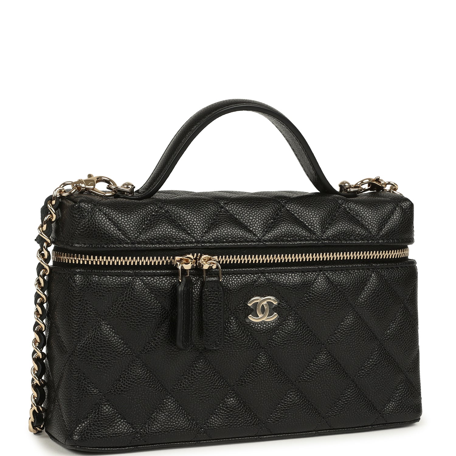 Top Handle Long Vanity Case with Chain Black Caviar Light Gold Hardware