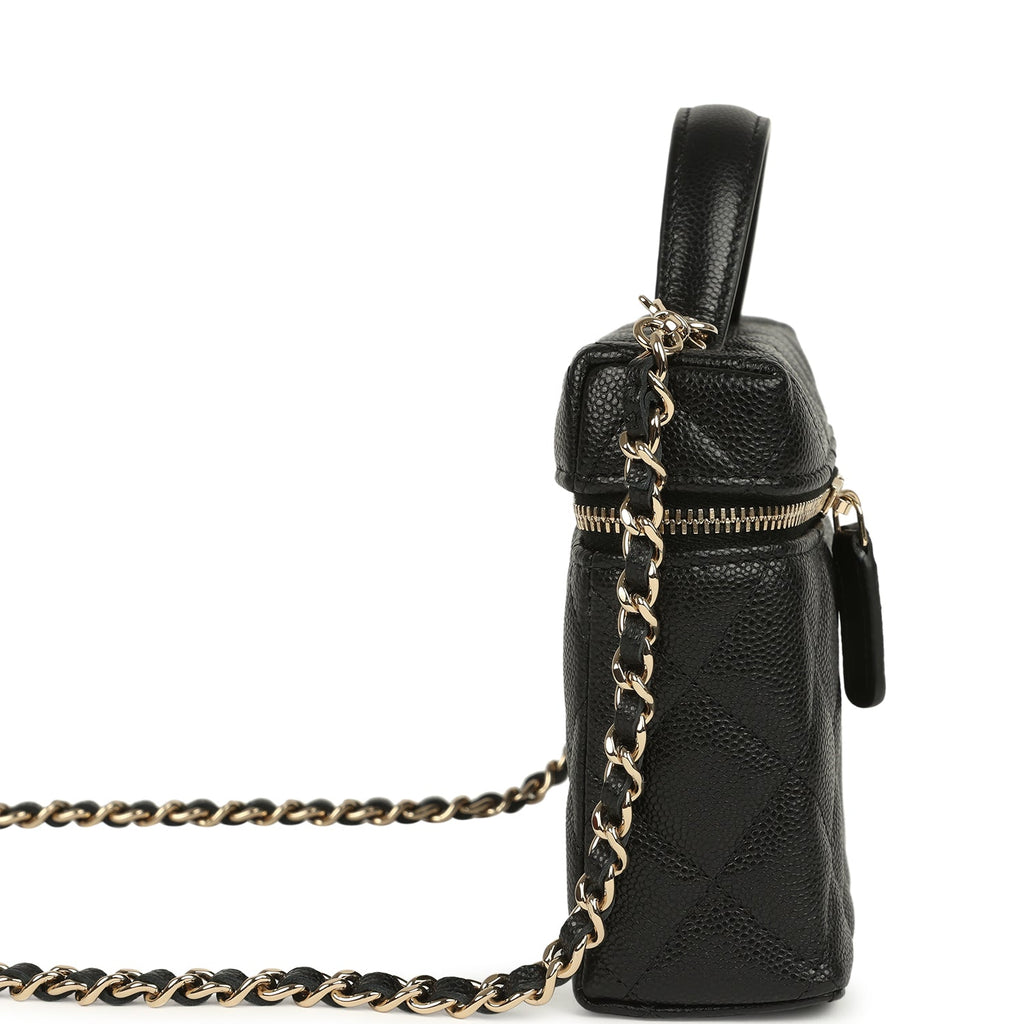 Top Handle Long Vanity Case with Chain Black Caviar Light Gold Hardware