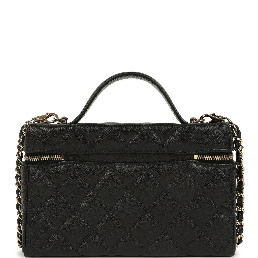 Top Handle Long Vanity Case with Chain Black Caviar Light Gold Hardware