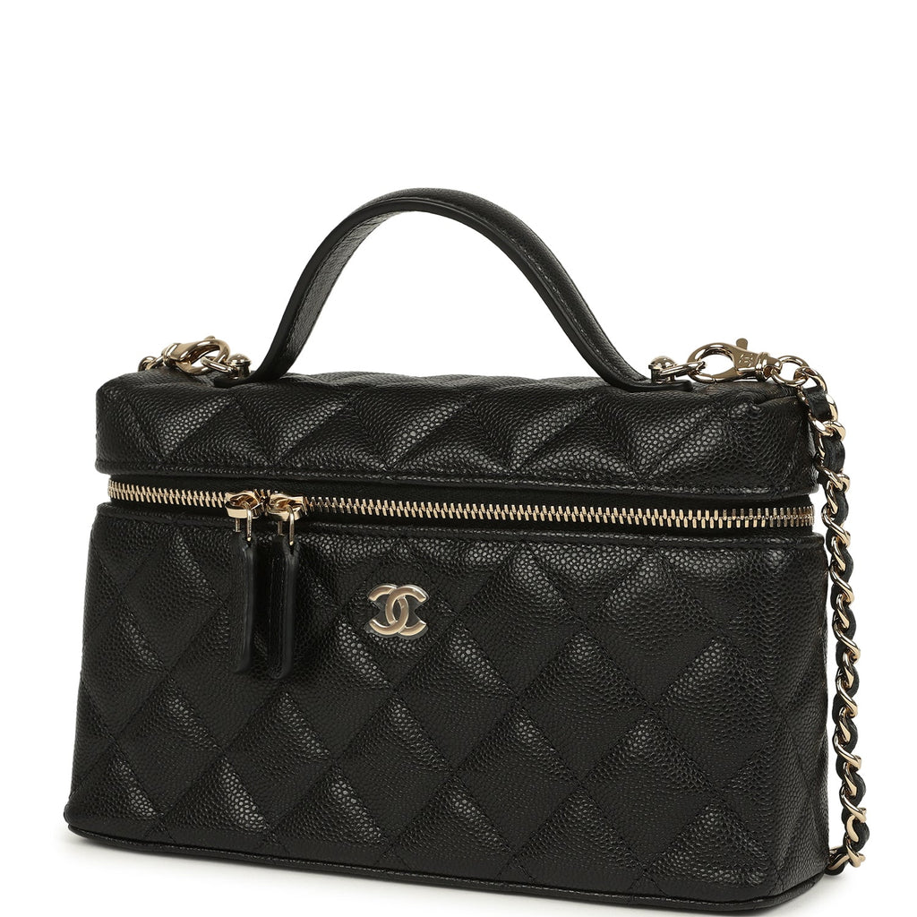 Top Handle Long Vanity Case with Chain Black Caviar Light Gold Hardware