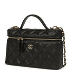 Top Handle Long Vanity Case with Chain Black Caviar Light Gold Hardware
