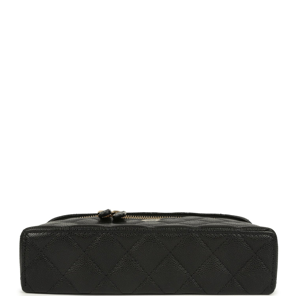 Top Handle Long Vanity Case with Chain Black Caviar Light Gold Hardware