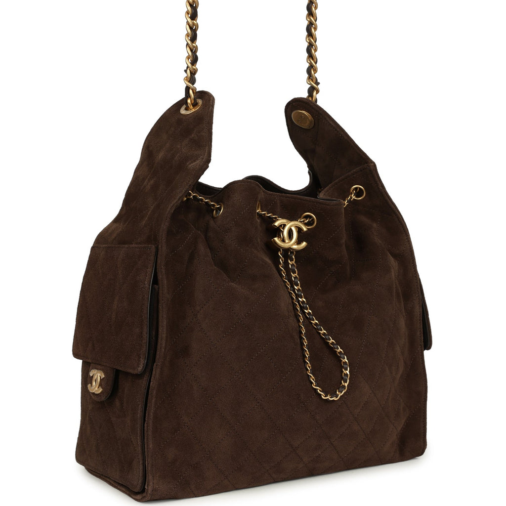 Medium 25 Hobo Bag Dark Brown Suede Antique Gold Hardware