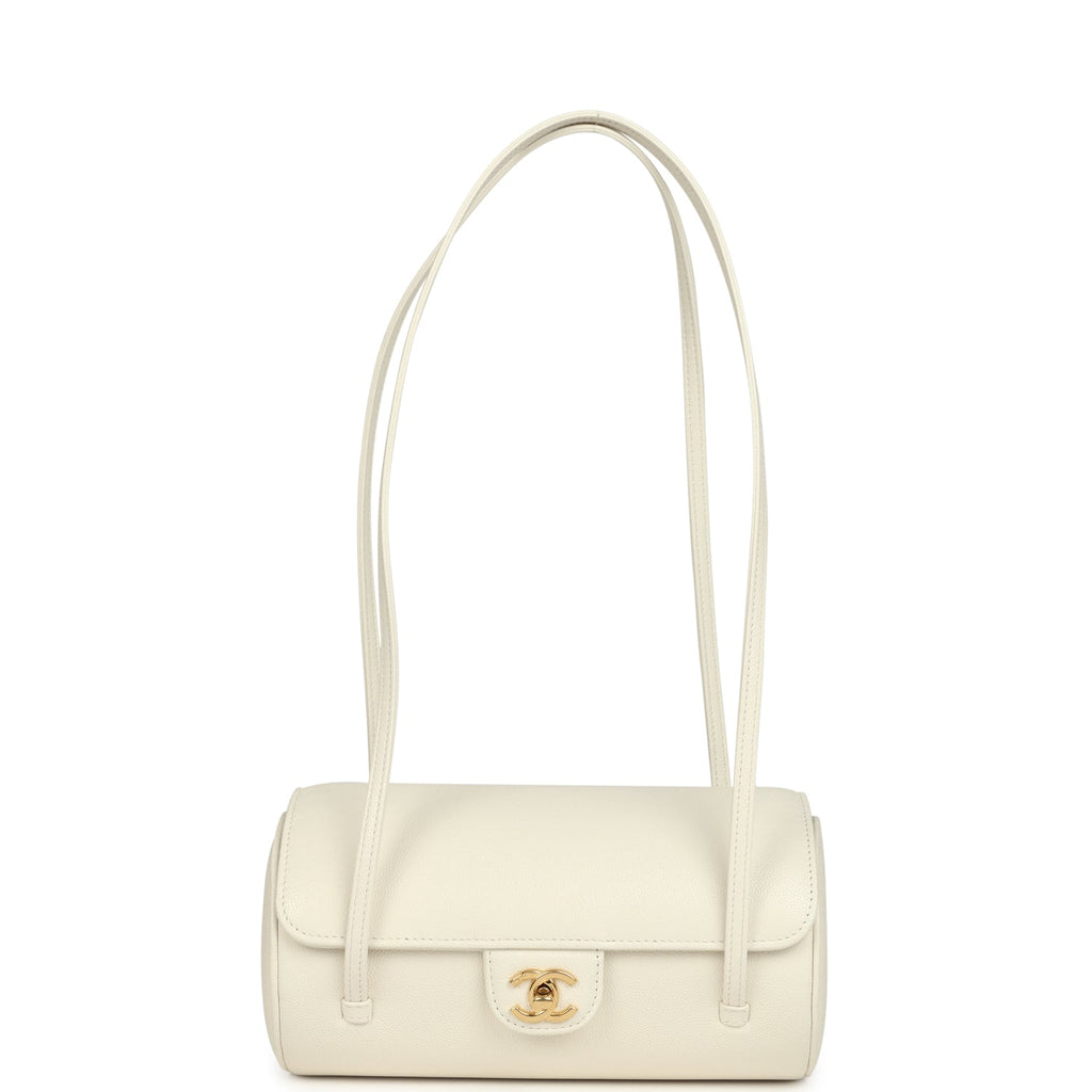 Preppy Coco Bowling Bag White Shiny Caviar Brushed Gold Hardware