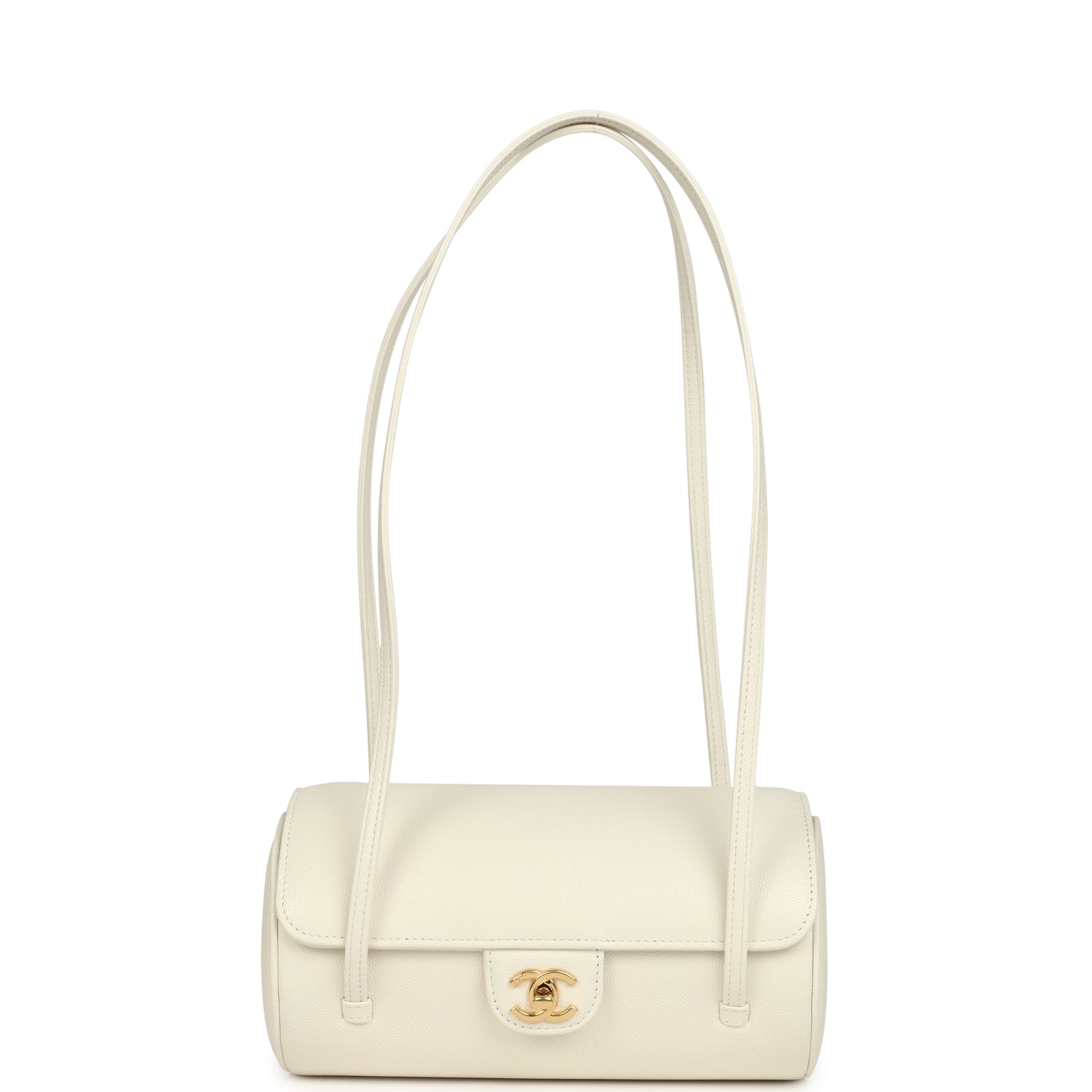 Preppy Coco Bowling Bag White Shiny Caviar Brushed Gold Hardware