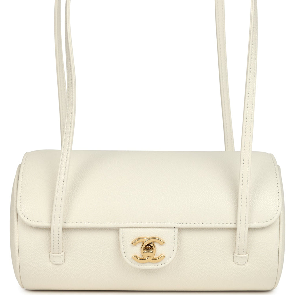 Preppy Coco Bowling Bag White Shiny Caviar Brushed Gold Hardware