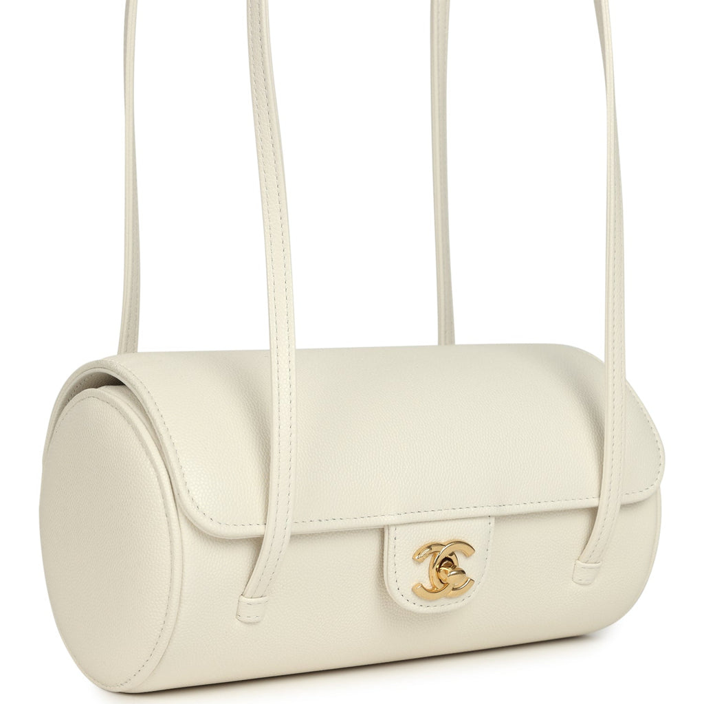 Preppy Coco Bowling Bag White Shiny Caviar Brushed Gold Hardware