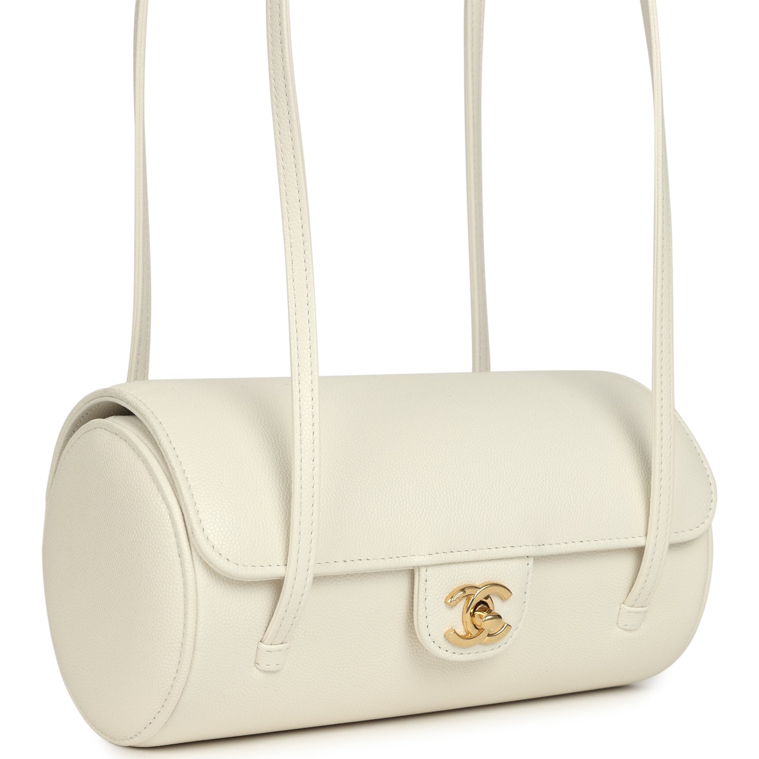 Preppy Coco Bowling Bag White Shiny Caviar Brushed Gold Hardware
