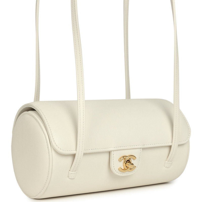 Preppy Coco Bowling Bag White Shiny Caviar Brushed Gold Hardware