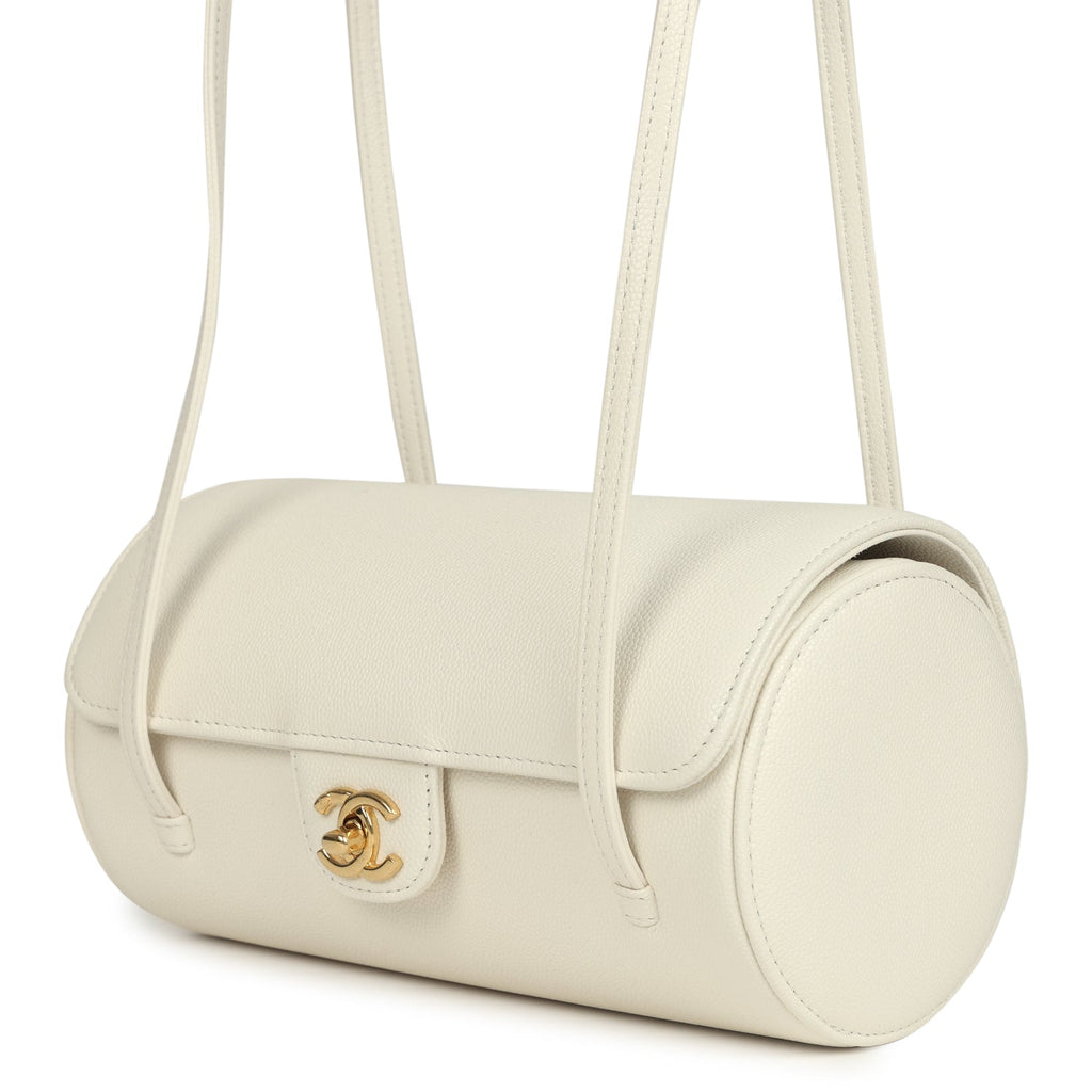 Preppy Coco Bowling Bag White Shiny Caviar Brushed Gold Hardware