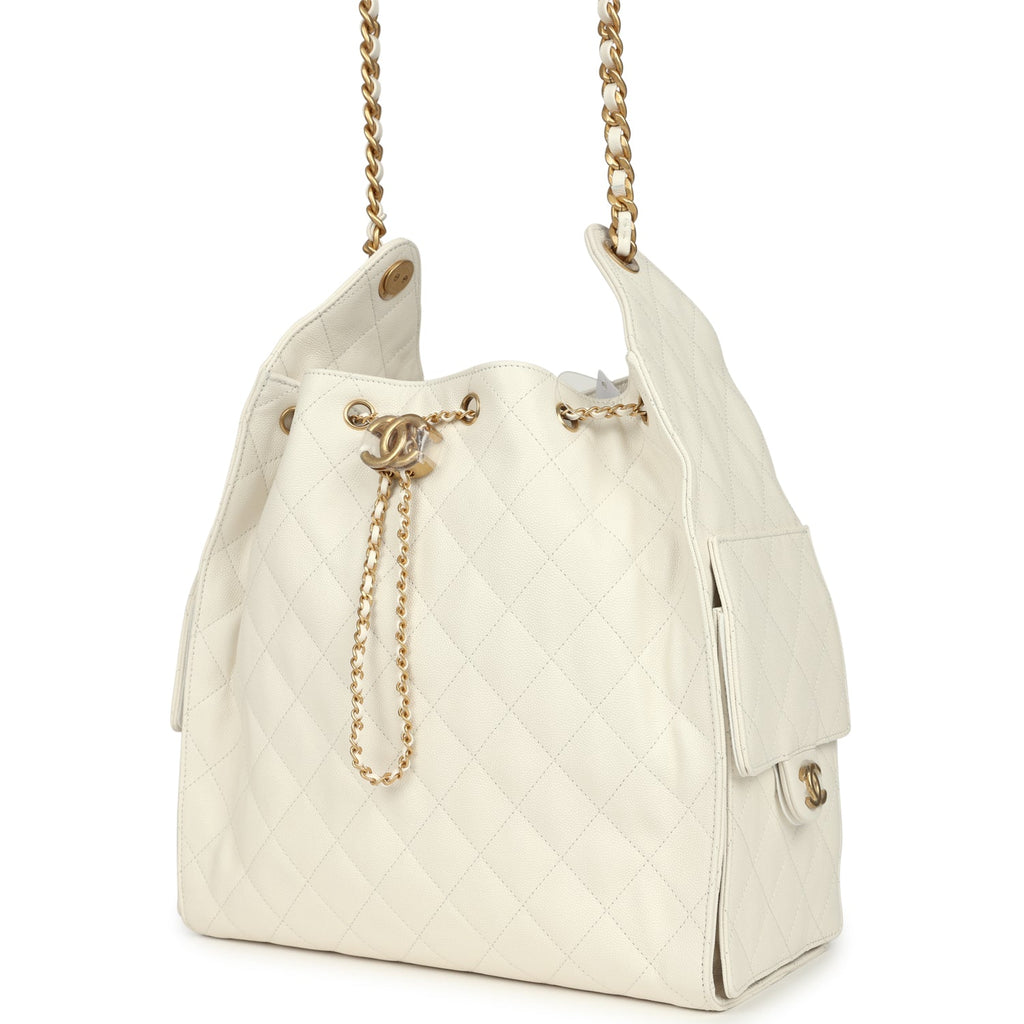 Medium 25 Hobo Bag White Caviar Antique Gold Hardware