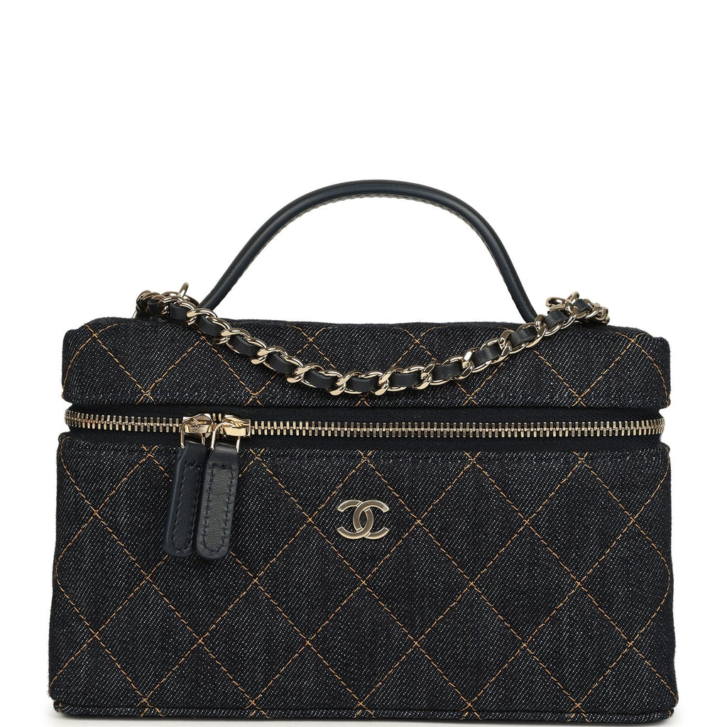 Top Handle Long Vanity Case with Chain Dark Blue Denim Light Gold Hardware