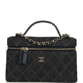 Top Handle Long Vanity Case with Chain Dark Blue Denim Light Gold Hardware