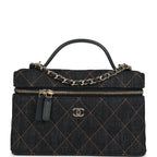 Top Handle Long Vanity Case with Chain Dark Blue Denim Light Gold Hardware