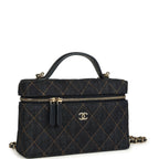 Top Handle Long Vanity Case with Chain Dark Blue Denim Light Gold Hardware