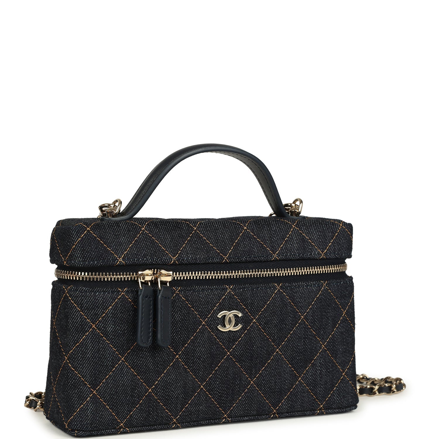 Top Handle Long Vanity Case with Chain Dark Blue Denim Light Gold Hardware