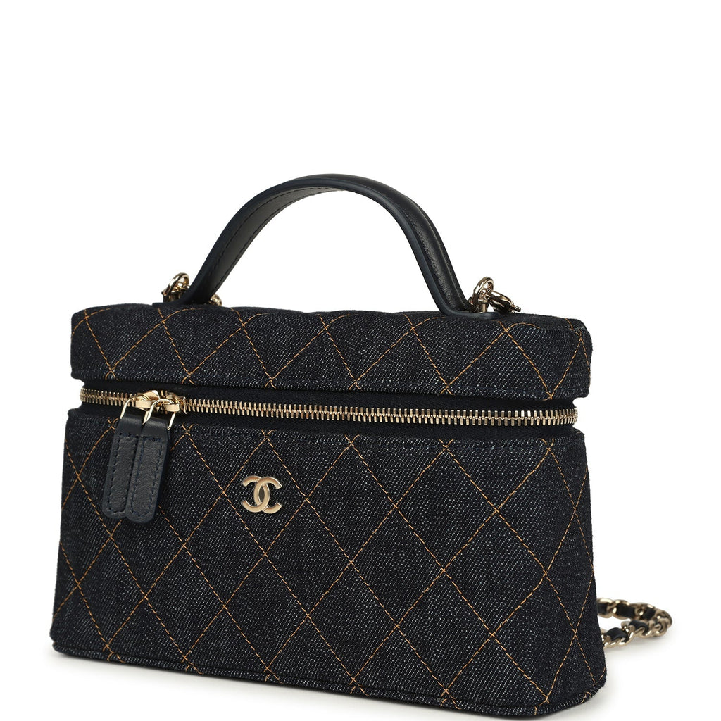 Top Handle Long Vanity Case with Chain Dark Blue Denim Light Gold Hardware