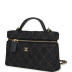 Top Handle Long Vanity Case with Chain Dark Blue Denim Light Gold Hardware