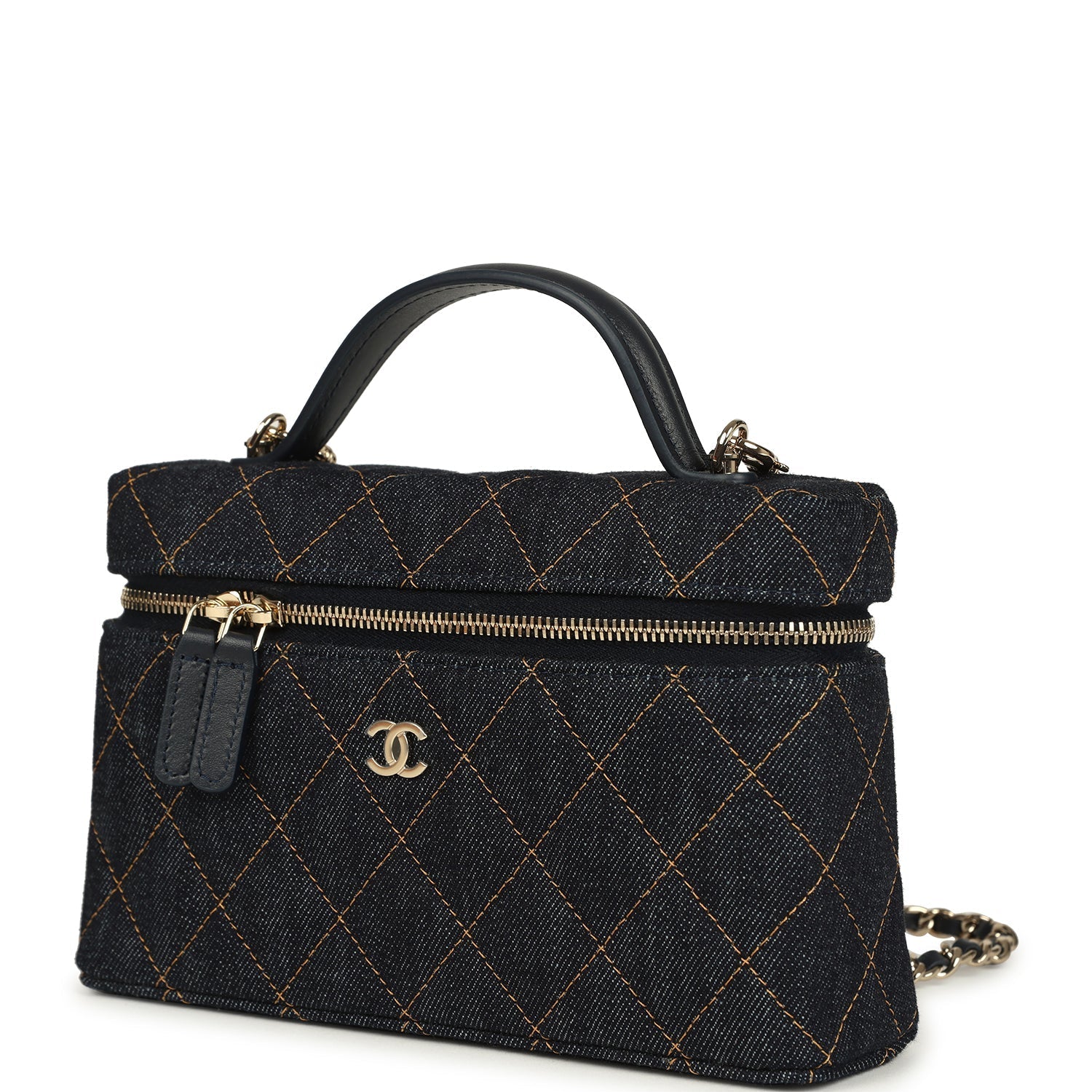 Top Handle Long Vanity Case with Chain Dark Blue Denim Light Gold Hardware