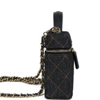 Top Handle Long Vanity Case with Chain Dark Blue Denim Light Gold Hardware