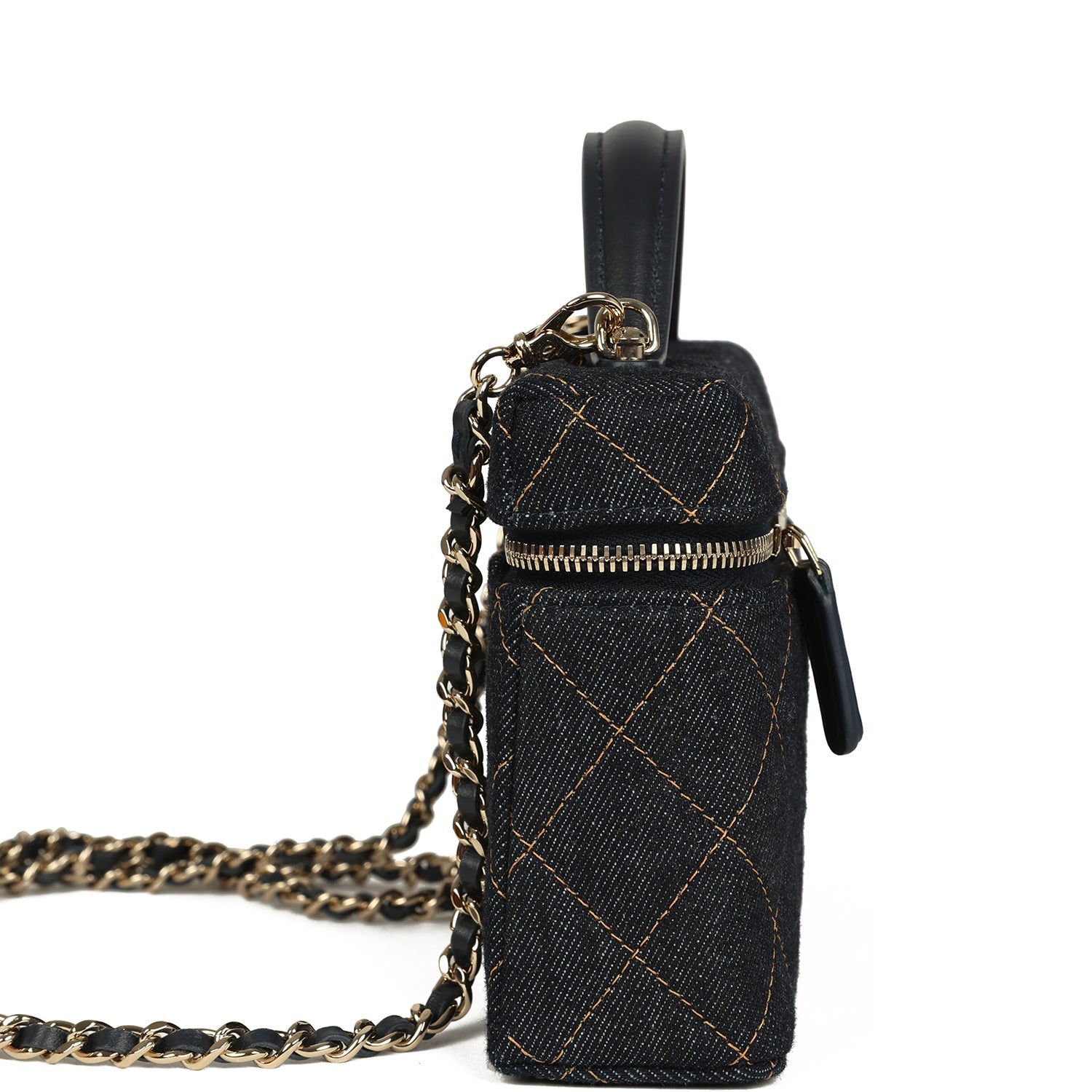 Top Handle Long Vanity Case with Chain Dark Blue Denim Light Gold Hardware