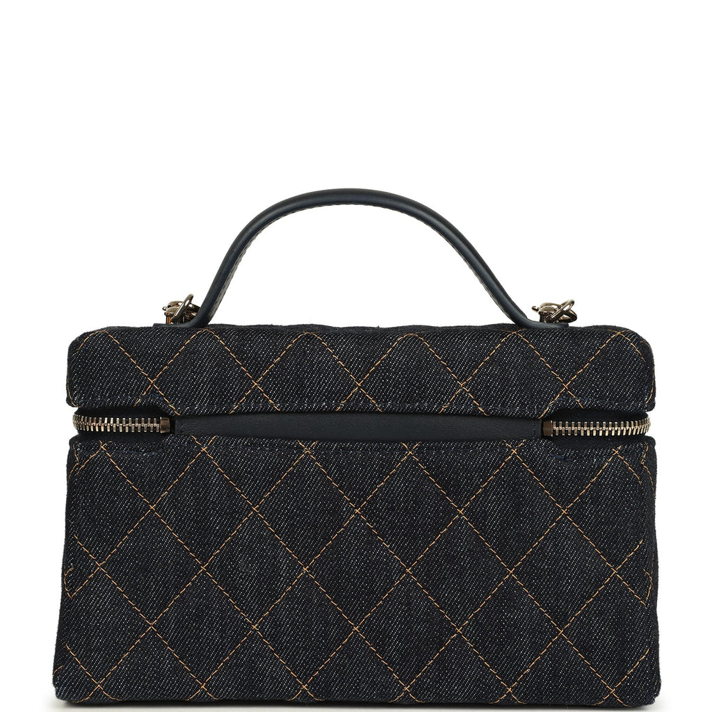 Top Handle Long Vanity Case with Chain Dark Blue Denim Light Gold Hardware