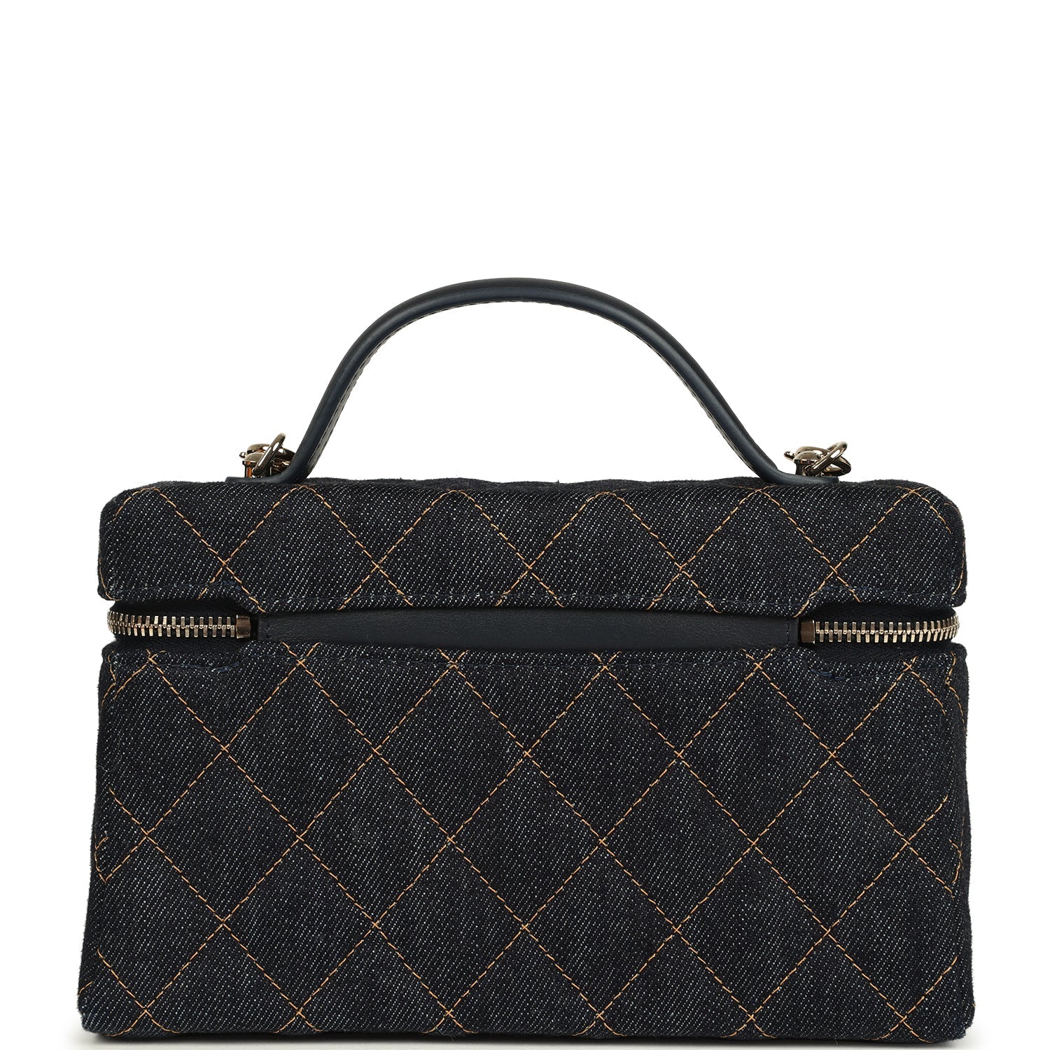 Top Handle Long Vanity Case with Chain Dark Blue Denim Light Gold Hardware