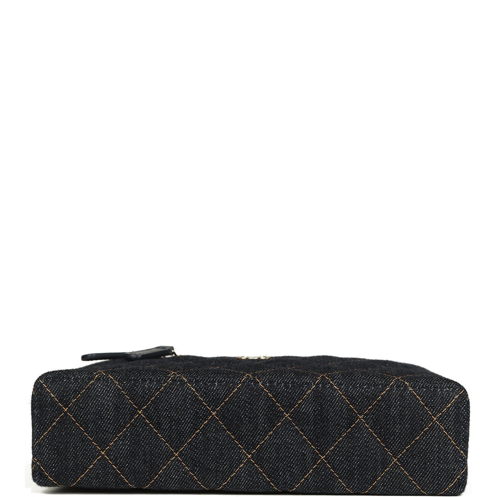 Top Handle Long Vanity Case with Chain Dark Blue Denim Light Gold Hardware