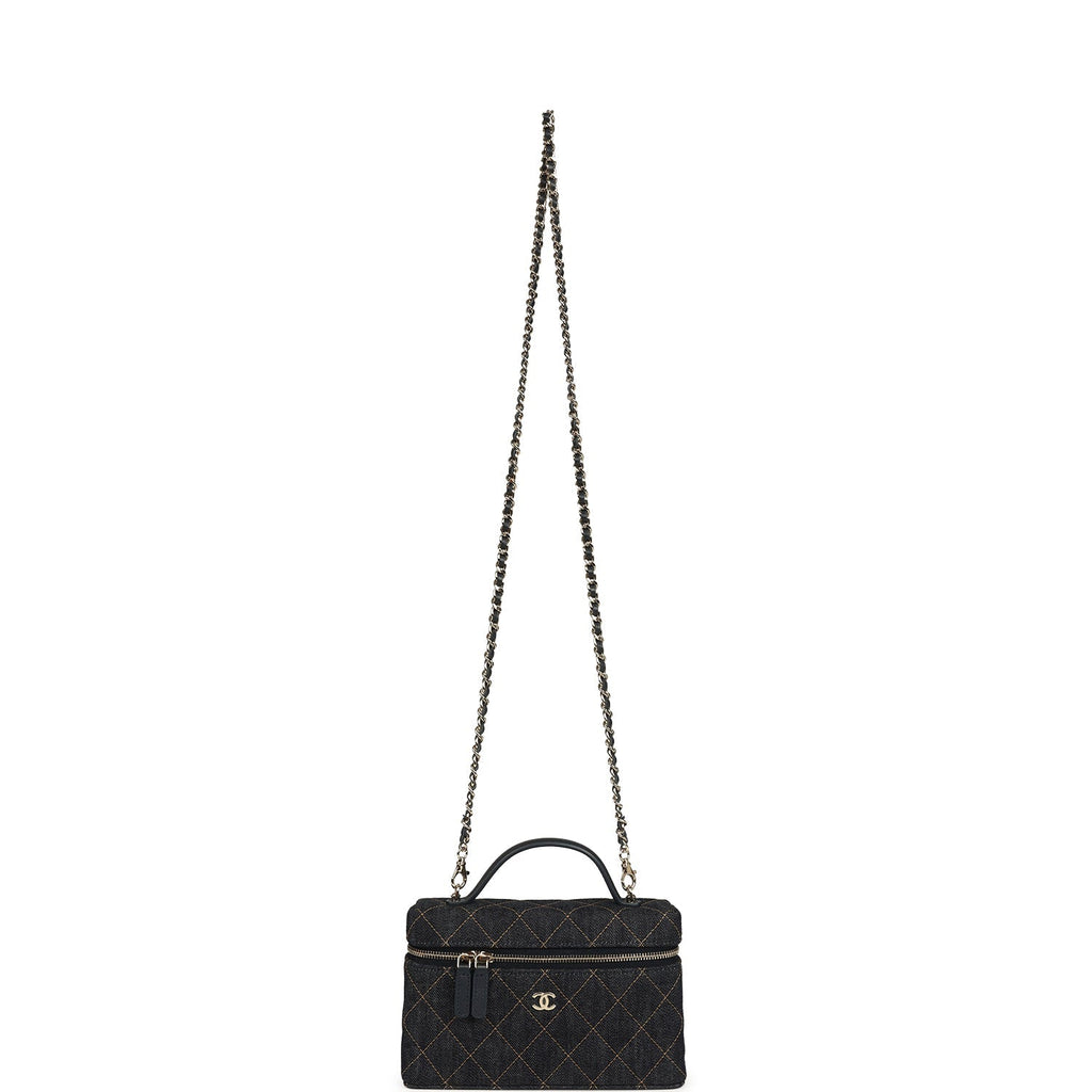Top Handle Long Vanity Case with Chain Dark Blue Denim Light Gold Hardware