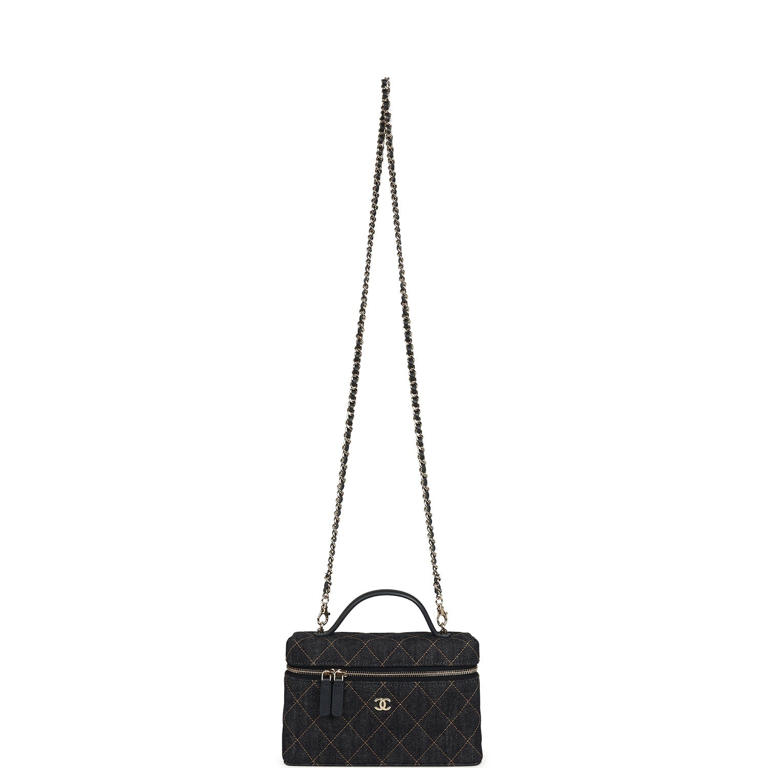 Top Handle Long Vanity Case with Chain Dark Blue Denim Light Gold Hardware