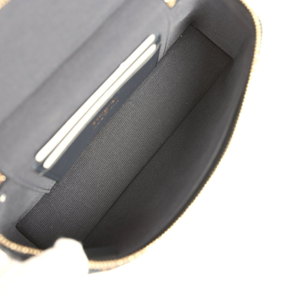 Top Handle Long Vanity Case with Chain Dark Blue Denim Light Gold Hardware