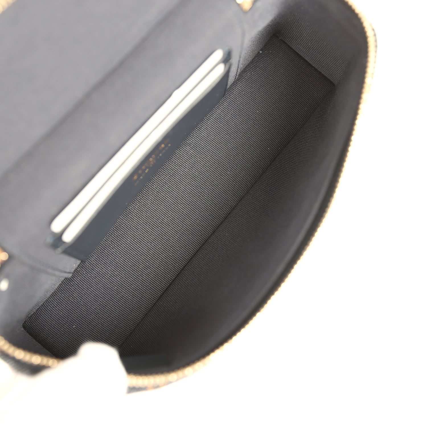 Top Handle Long Vanity Case with Chain Dark Blue Denim Light Gold Hardware