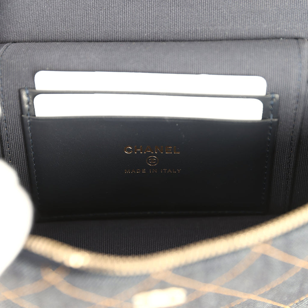 Top Handle Long Vanity Case with Chain Dark Blue Denim Light Gold Hardware