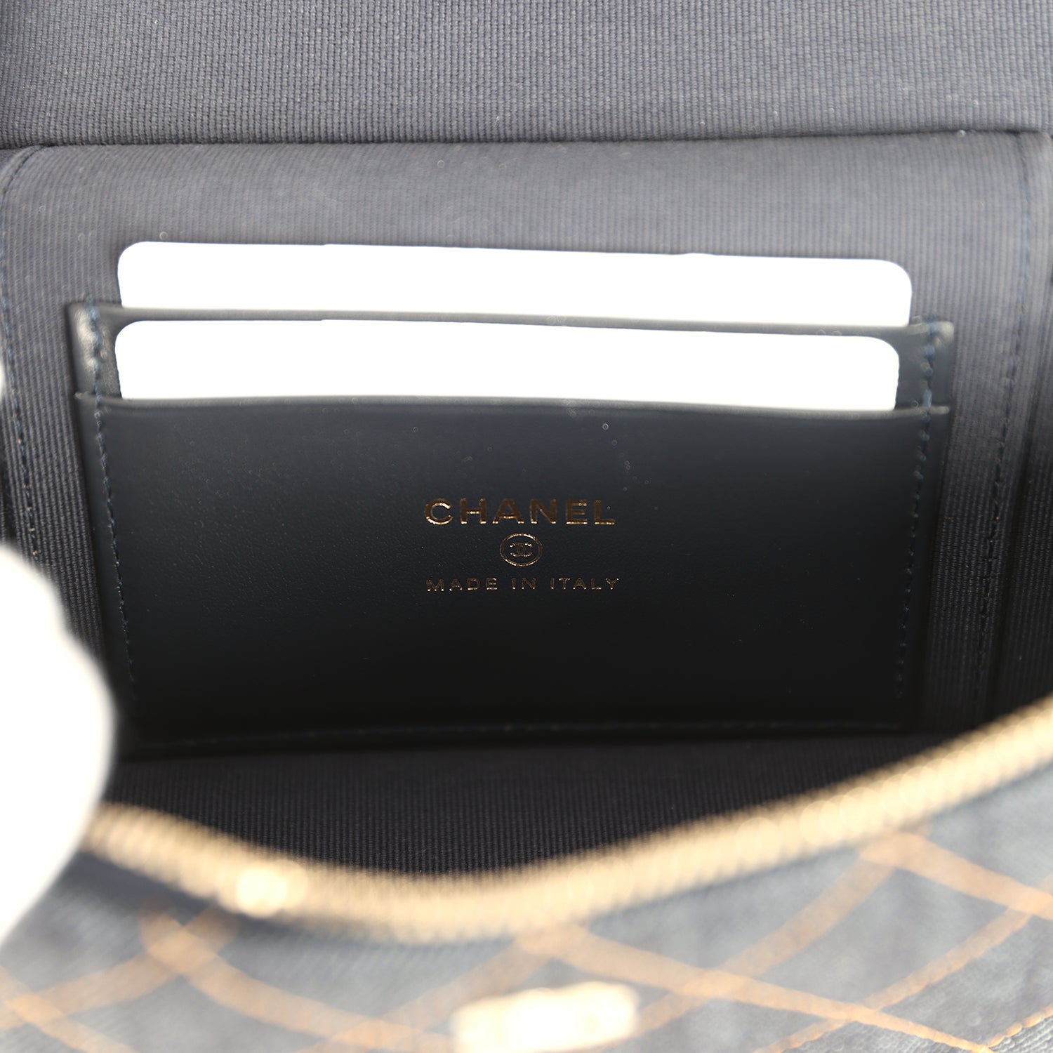 Top Handle Long Vanity Case with Chain Dark Blue Denim Light Gold Hardware