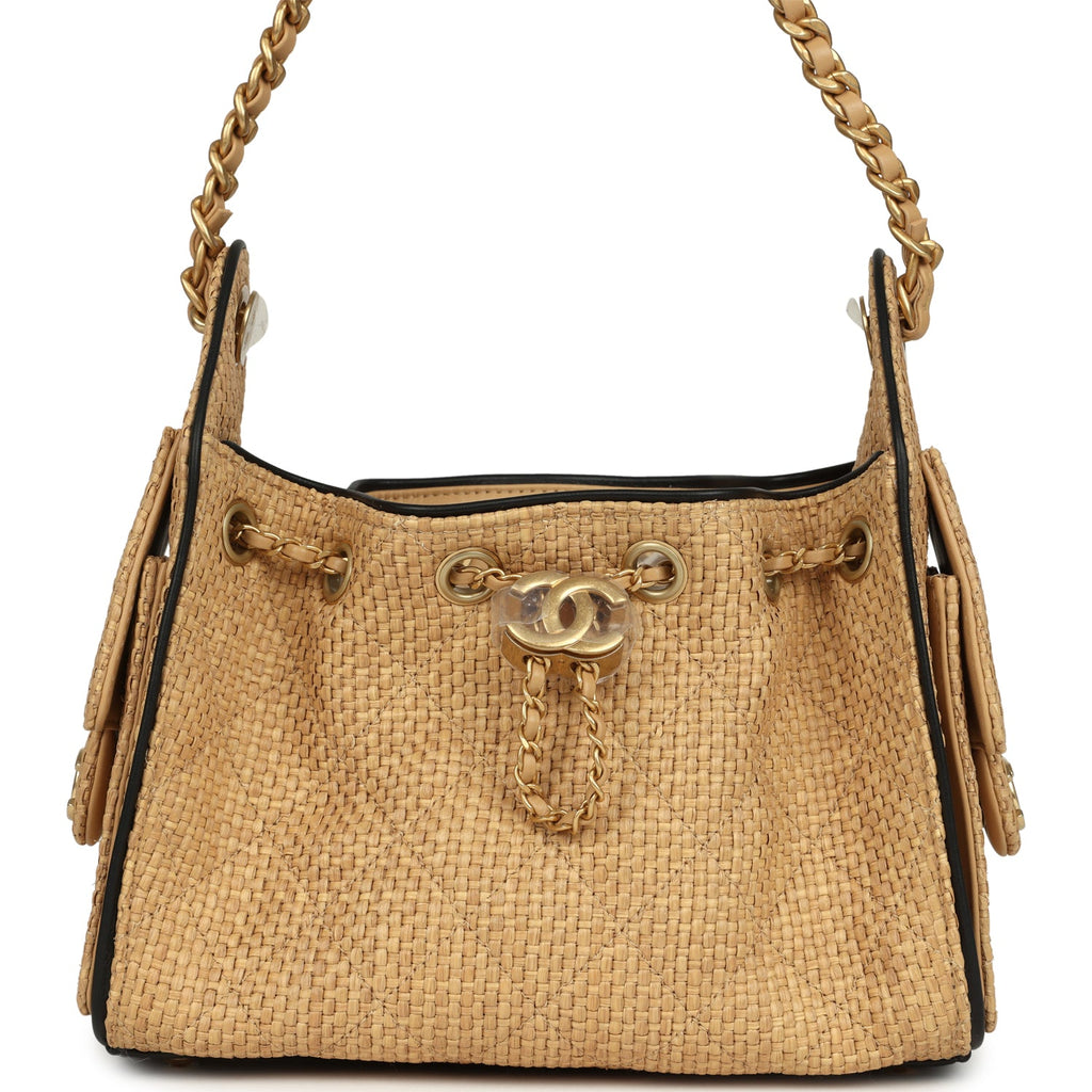 Chanel Mini 25 Hobo Bag Beige Raffia and Black Calfskin Antique Gold Hardware