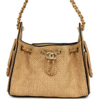 Mini 25 Hobo Bag Beige Raffia and Black Calfskin Antique Gold Hardware