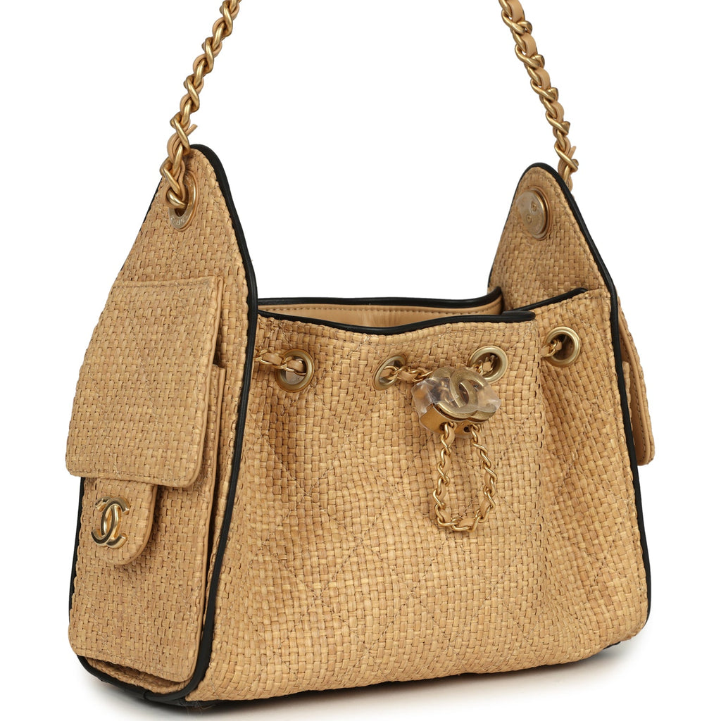 Mini 25 Hobo Bag Beige Raffia and Black Calfskin Antique Gold Hardware