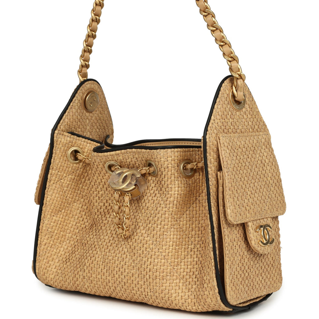 Mini 25 Hobo Bag Beige Raffia and Black Calfskin Antique Gold Hardware