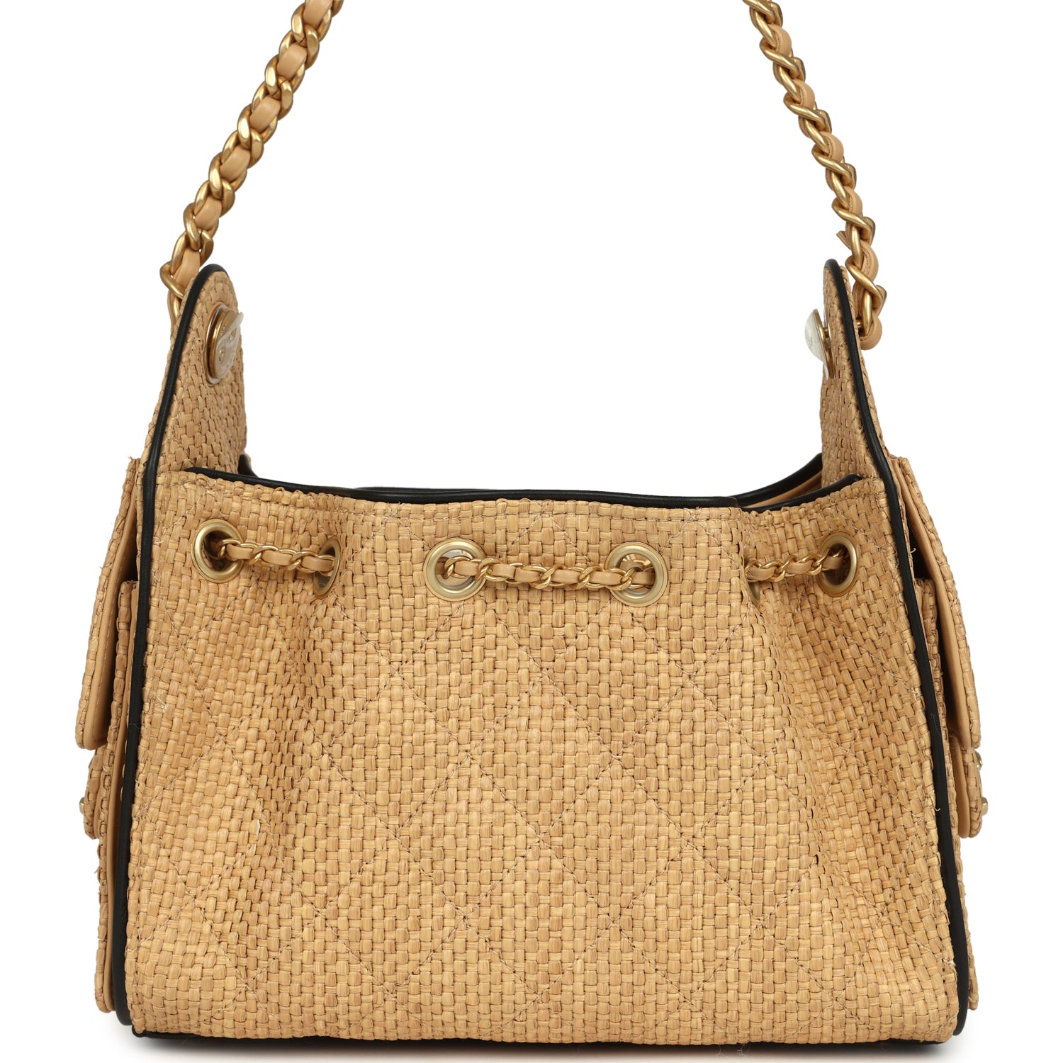 Mini 25 Hobo Bag Beige Raffia and Black Calfskin Antique Gold Hardware